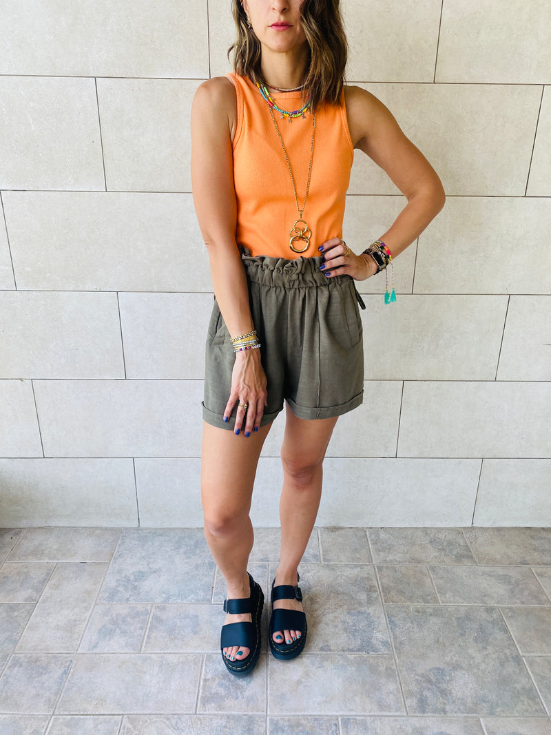 Olive Paperbag Linen Shorts