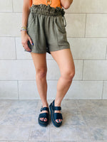 Olive Paperbag Linen Shorts