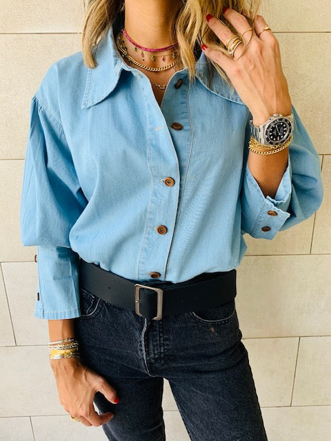 Blue Tucked In Denim Shirt