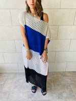 Blue & Beige Color Block Crochet Dress