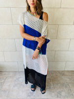 Blue & Beige Color Block Crochet Dress