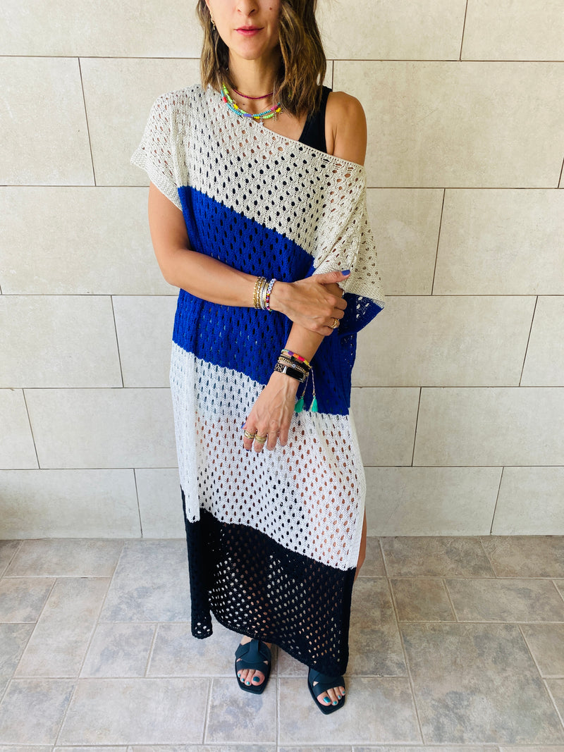 Blue & Beige Color Block Crochet Dress