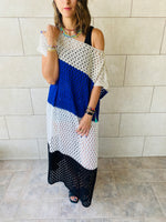 Blue & Beige Color Block Crochet Dress