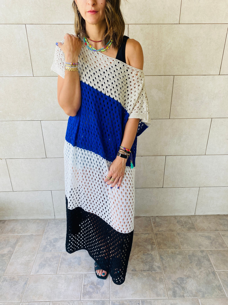 Blue & Beige Color Block Crochet Dress