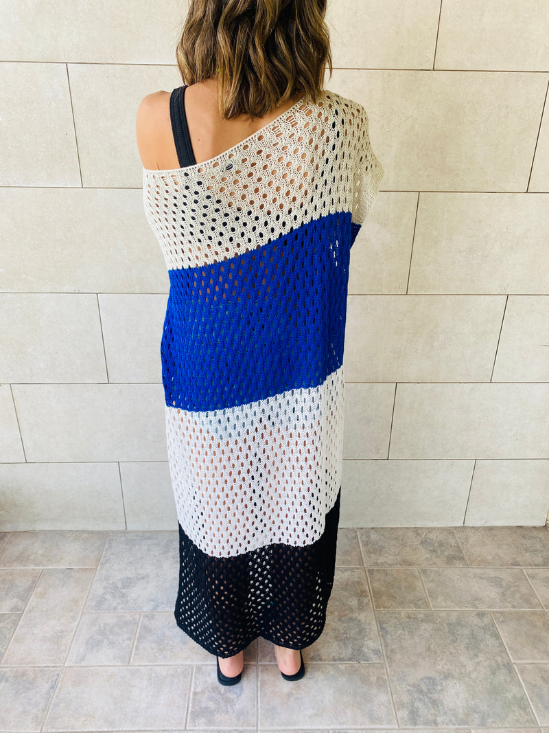 Blue & Beige Color Block Crochet Dress