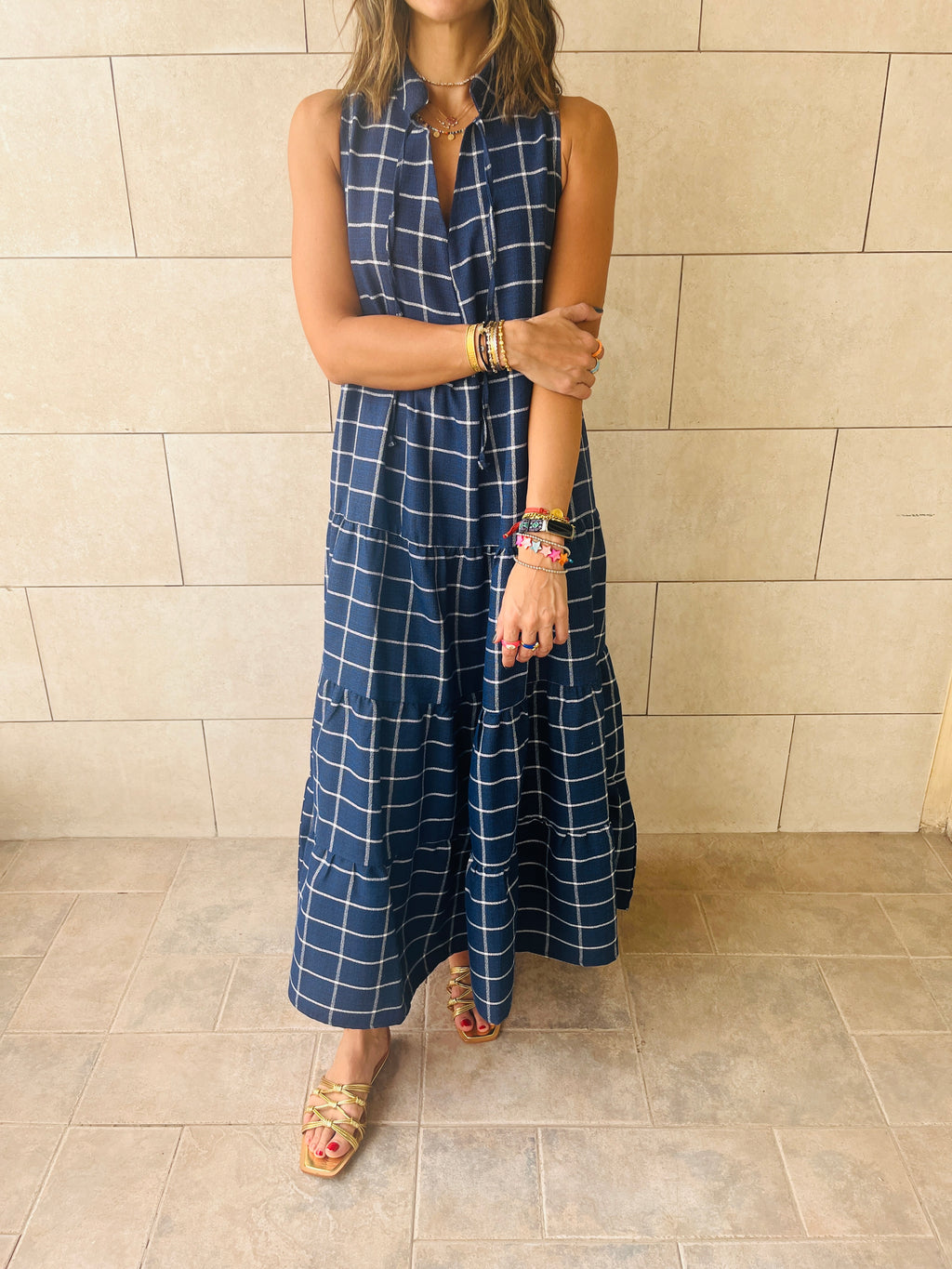 Navy Checkered Tiered Dress