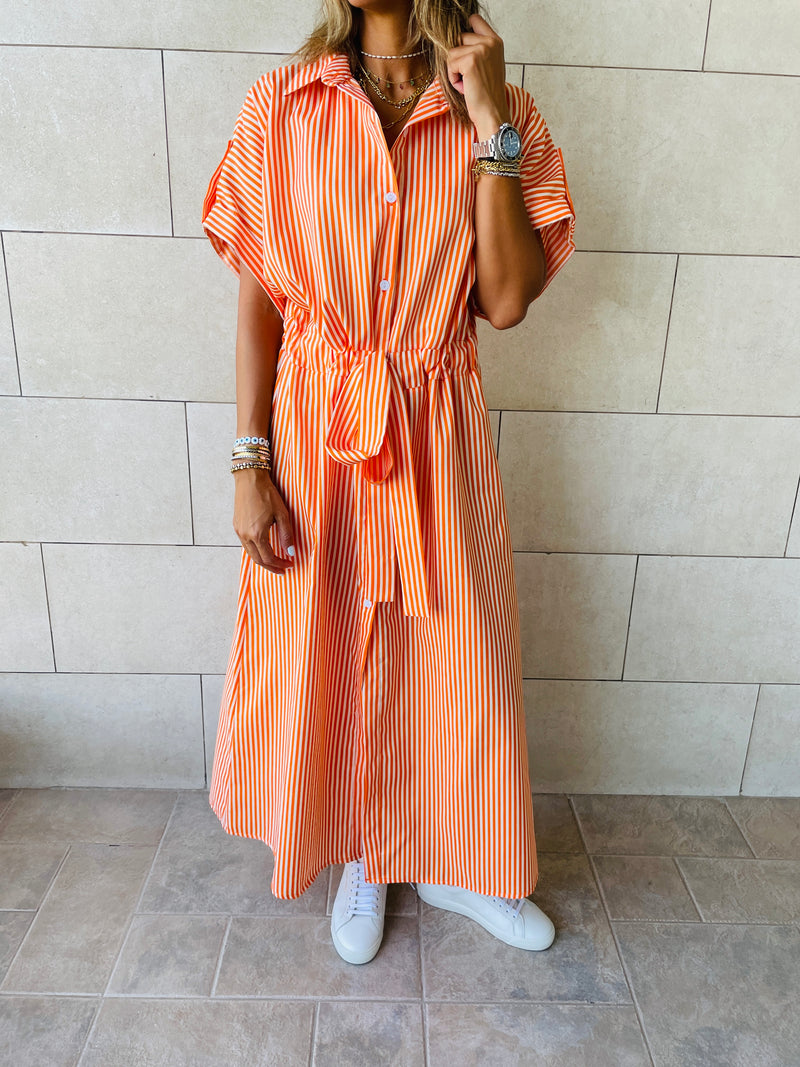 Orange Pinstripe Shirt Dress