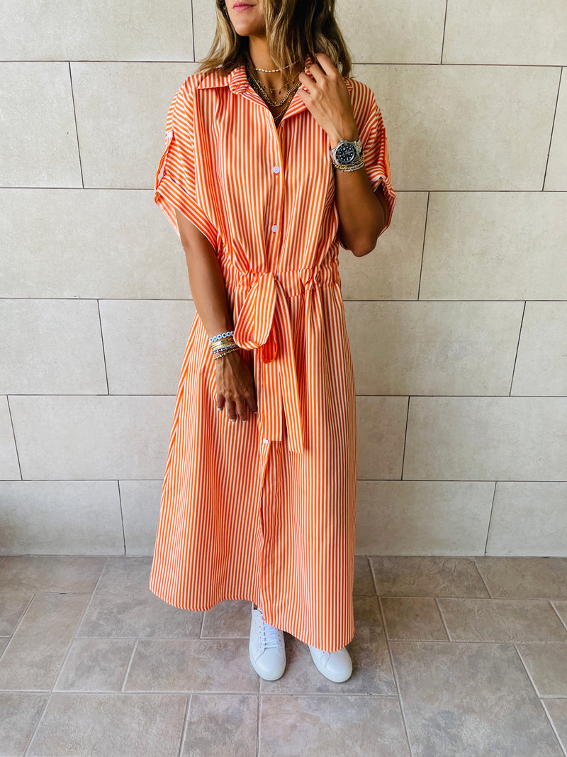 Orange Pinstripe Shirt Dress