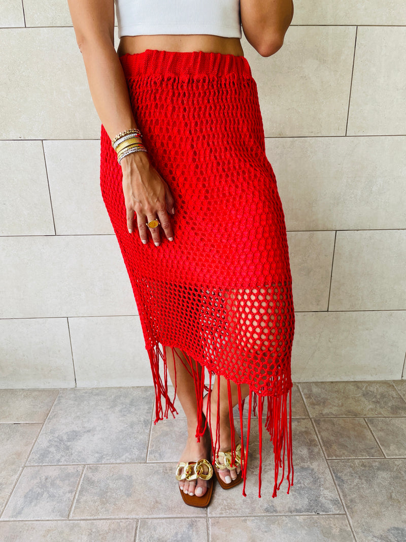Red Crochet Tassel Beach Skirt