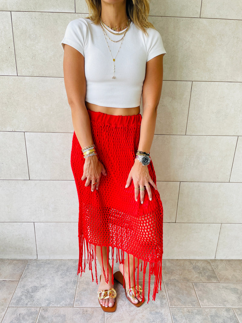 Red Crochet Tassel Beach Skirt