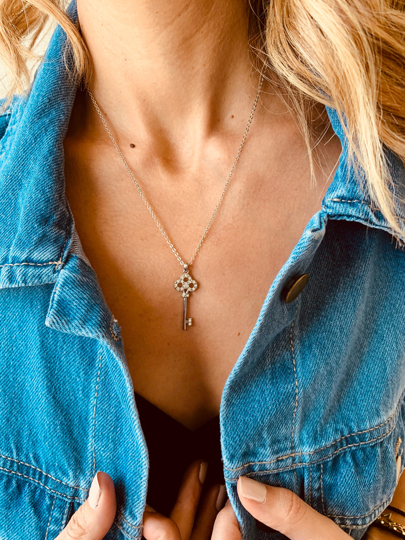 Silver Diamante Key Necklace