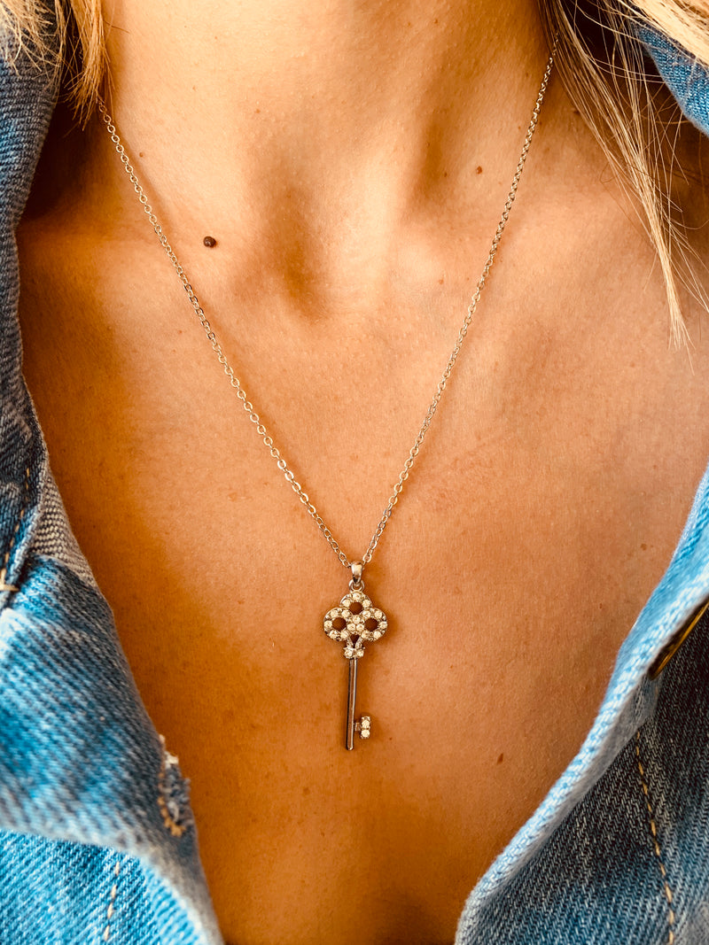 Silver Diamante Key Necklace