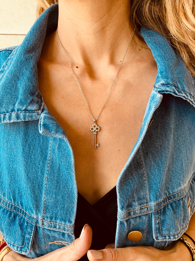 Silver Diamante Key Necklace