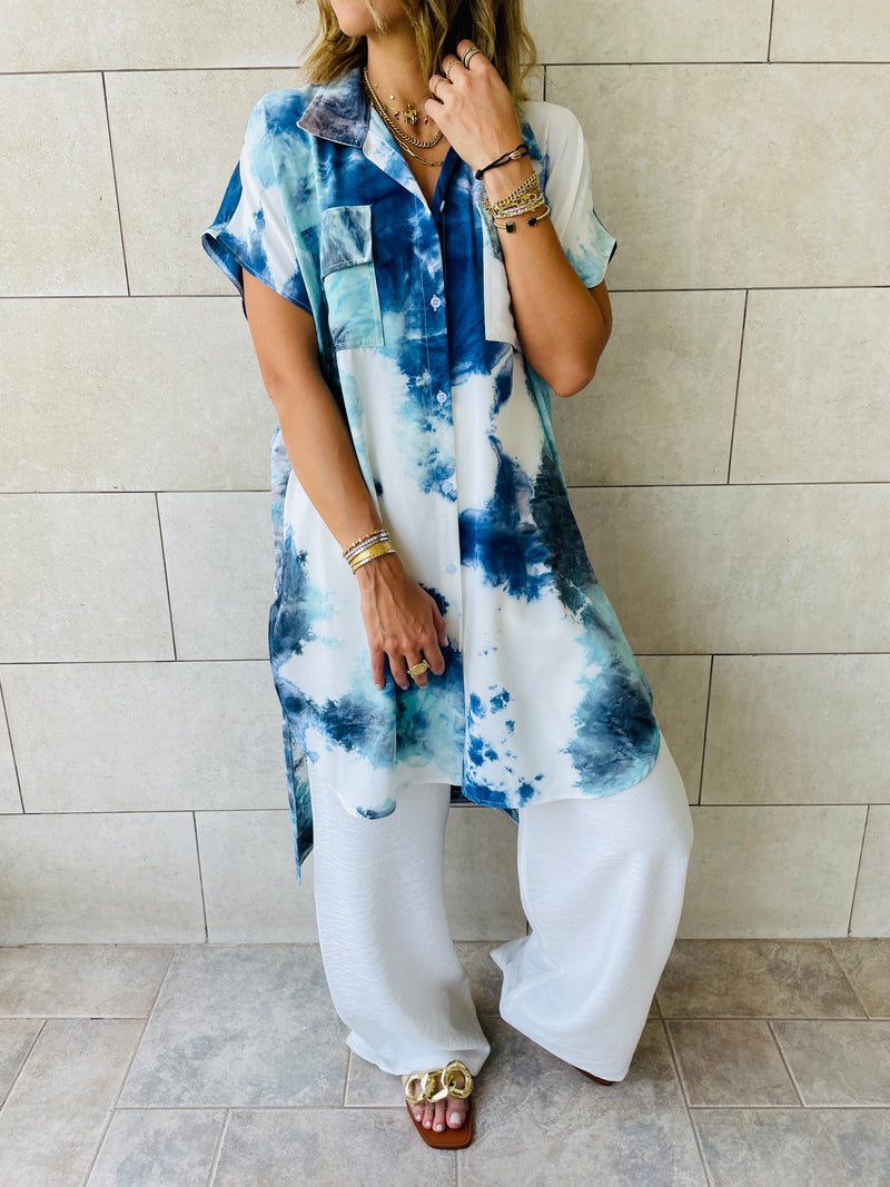 Sky Blue Longline Shirt Tie Dye Set