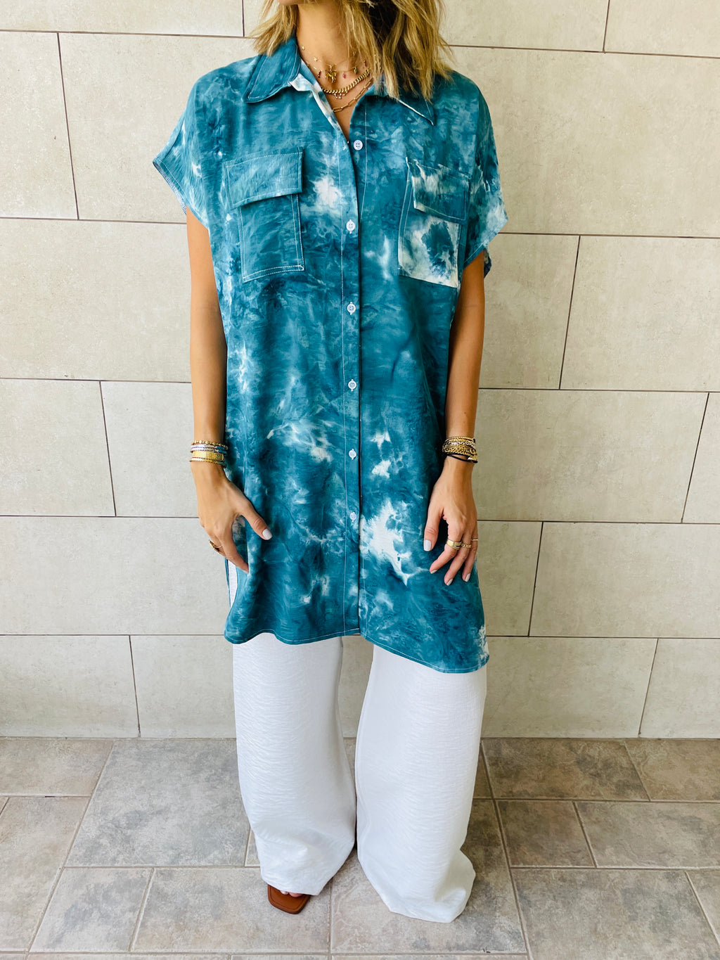 Sea Blue Longline Shirt Tie Dye Set