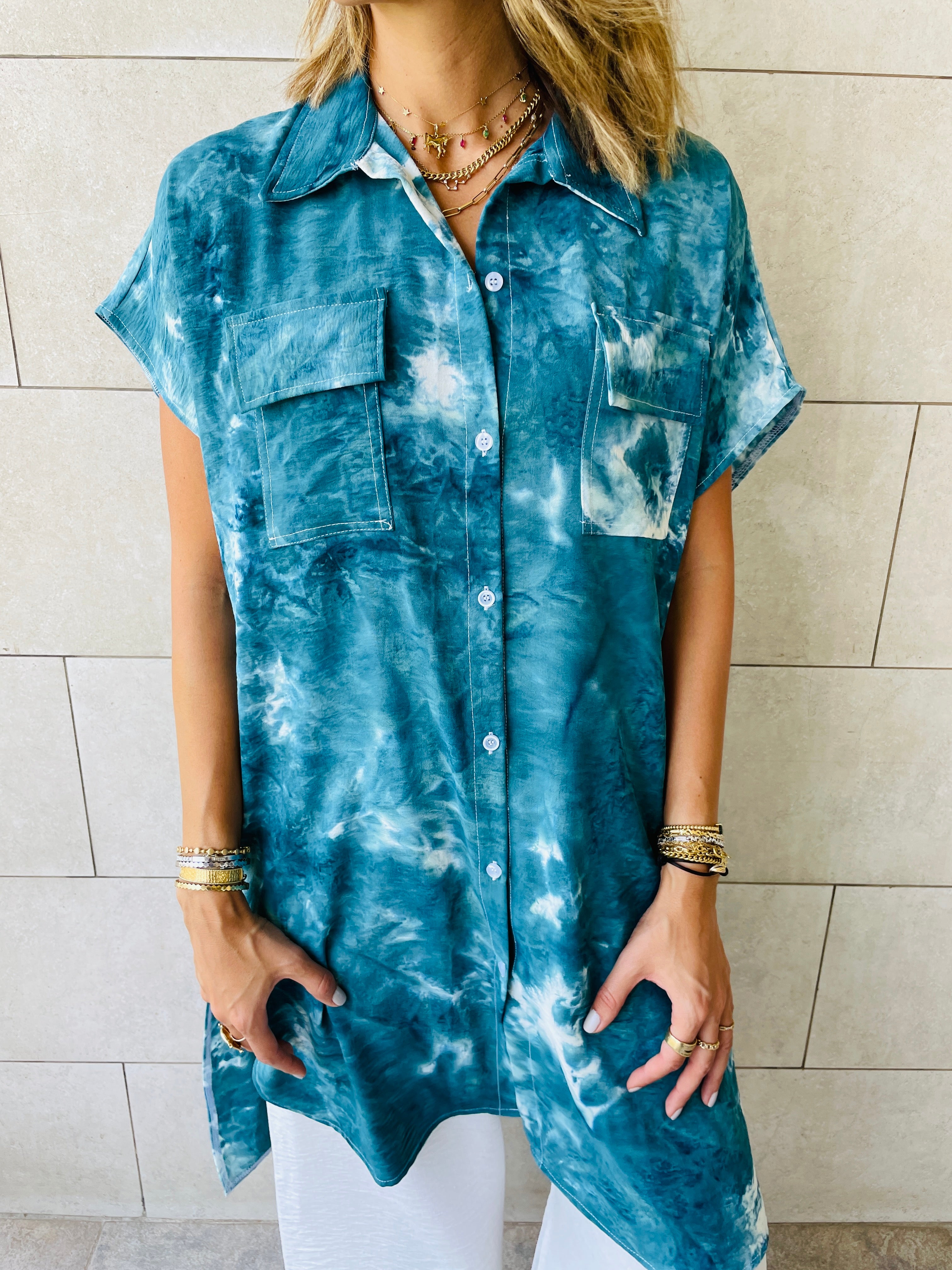 Sea Blue Longline Shirt Tie Dye Set