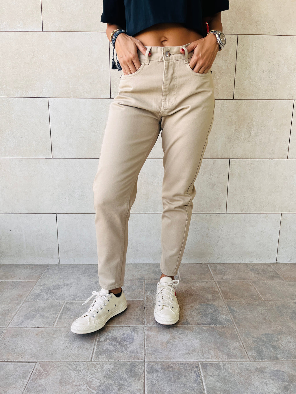 Beige Colored Mom Jeans