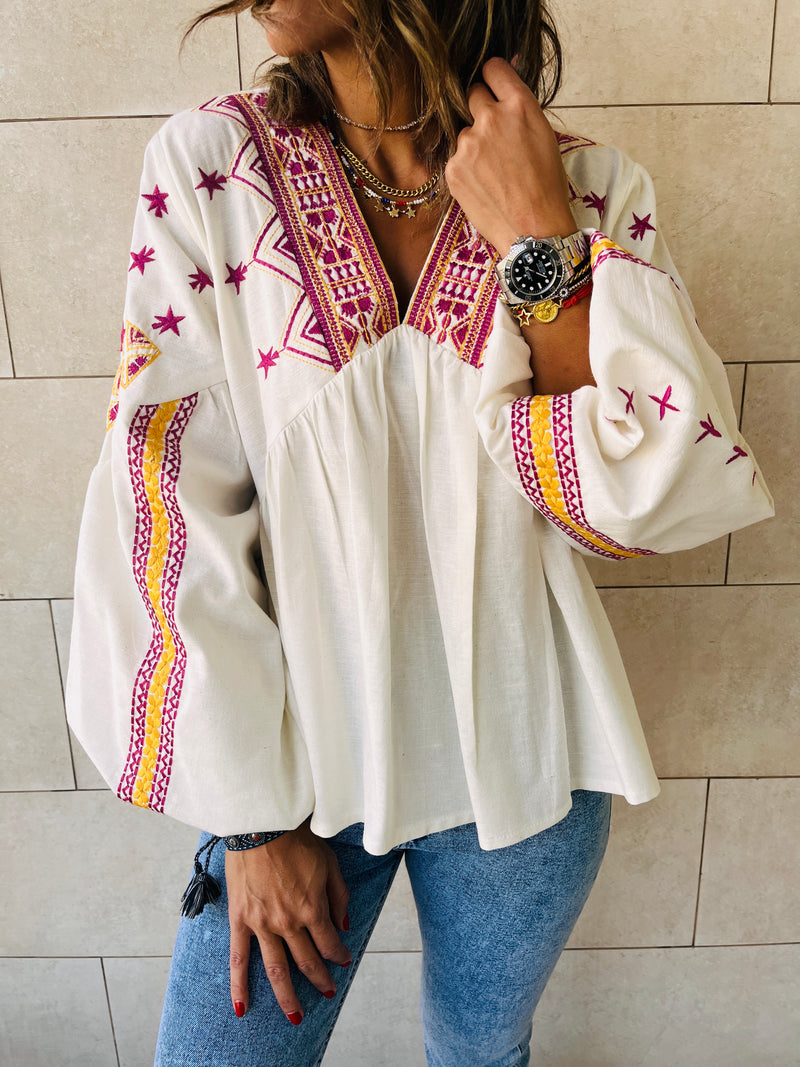 White Embroidered Traveler Top