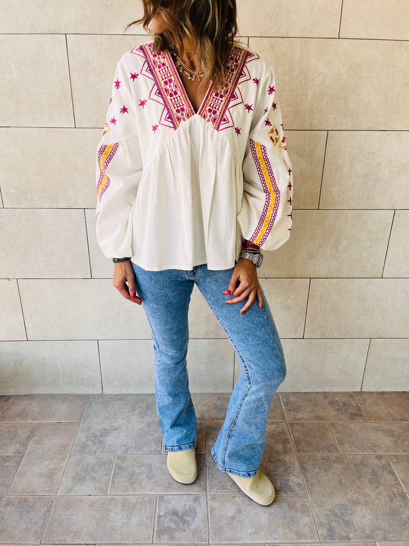 White Embroidered Traveler Top