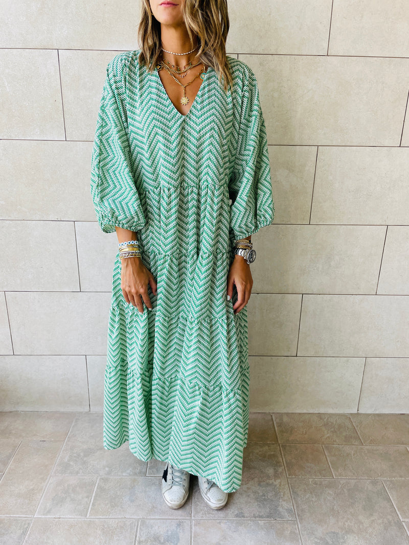 Green Zigzag Tiered Dress