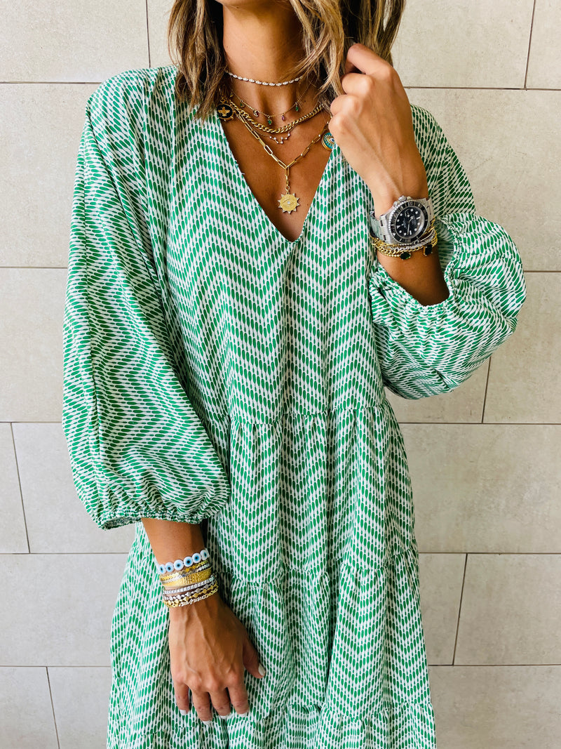 Green Zigzag Tiered Dress