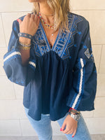 Navy Embroidered Traveler Top