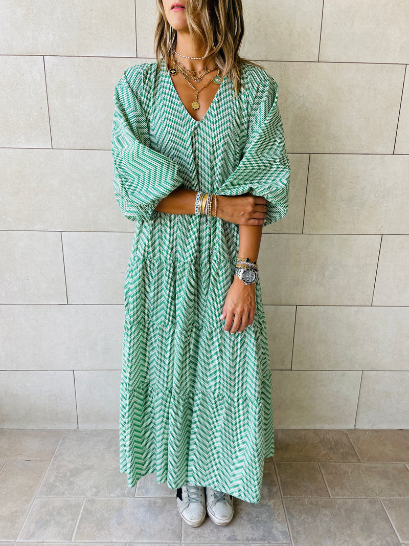 Green Zigzag Tiered Dress