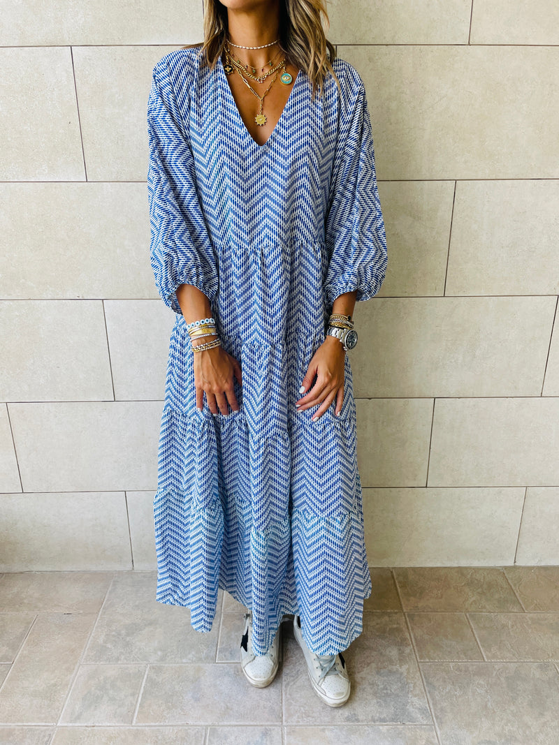 Blue Zigzag Tiered Dress