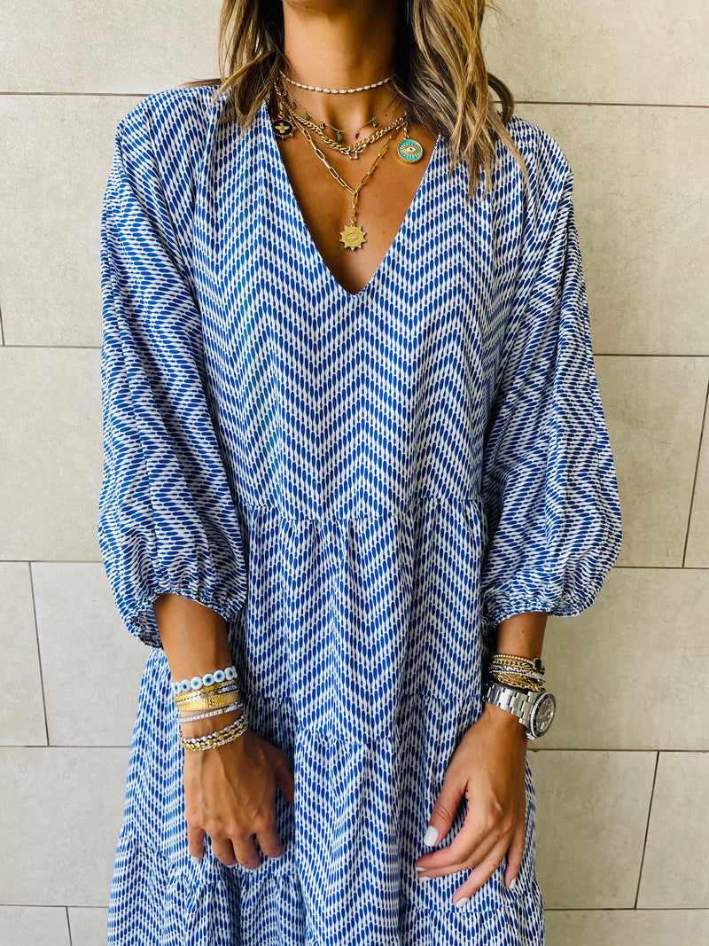 Blue Zigzag Tiered Dress