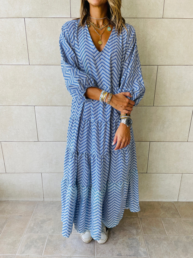 Blue Zigzag Tiered Dress