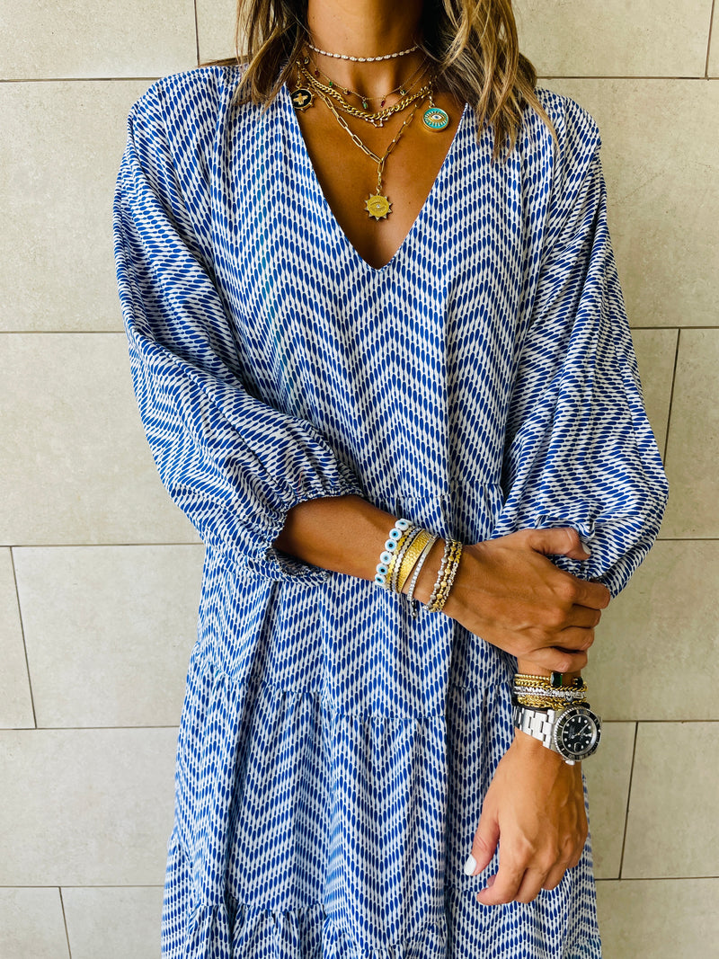 Blue Zigzag Tiered Dress
