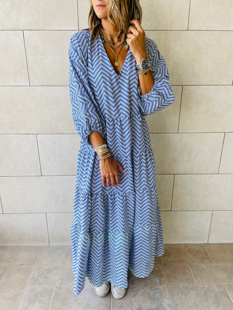 Blue Zigzag Tiered Dress