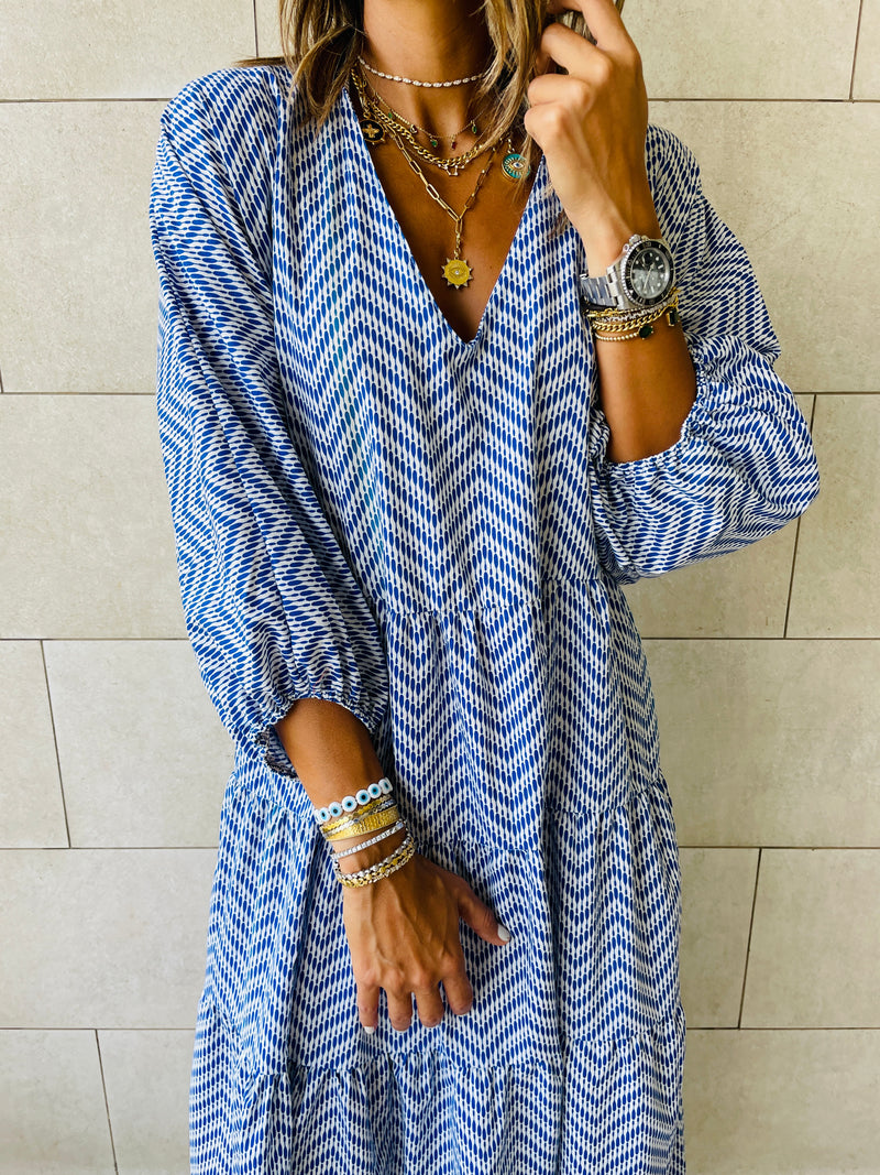Blue Zigzag Tiered Dress