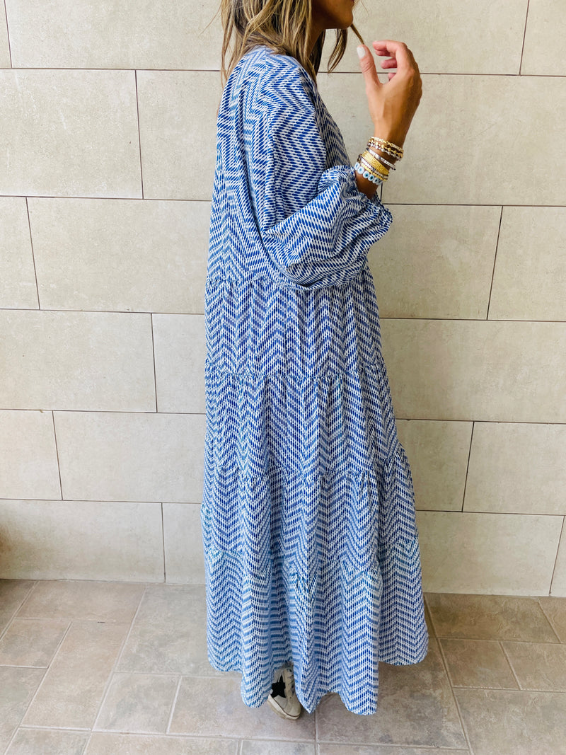 Blue Zigzag Tiered Dress