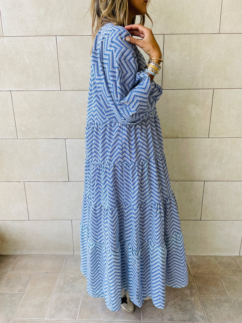 Blue Zigzag Tiered Dress