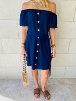Navy Puff Bardot Dress