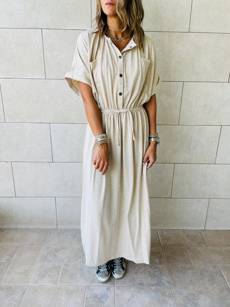Beige Drawstring City Dress