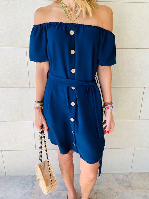 Navy Puff Bardot Dress