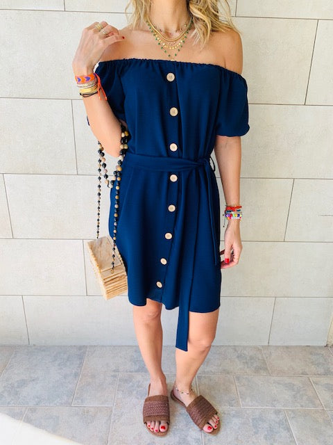 Navy Puff Bardot Dress