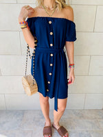 Navy Puff Bardot Dress