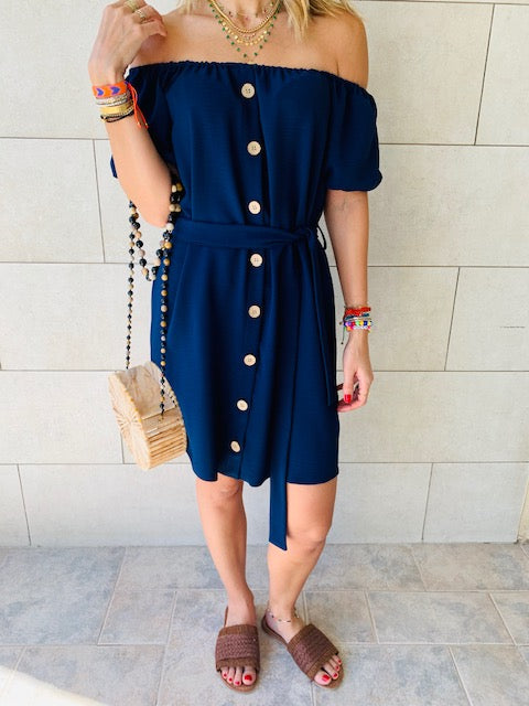 Navy Puff Bardot Dress