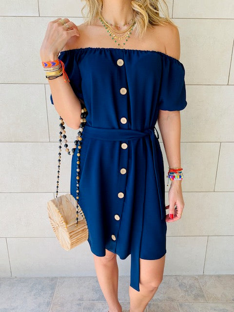 Navy Puff Bardot Dress