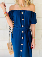Navy Puff Bardot Dress