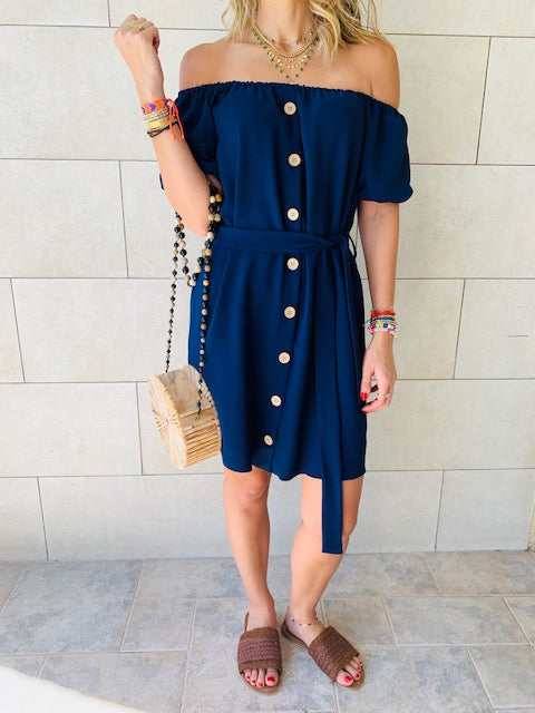Navy Puff Bardot Dress