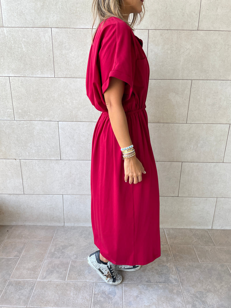 Burgundy Drawstring City Dress