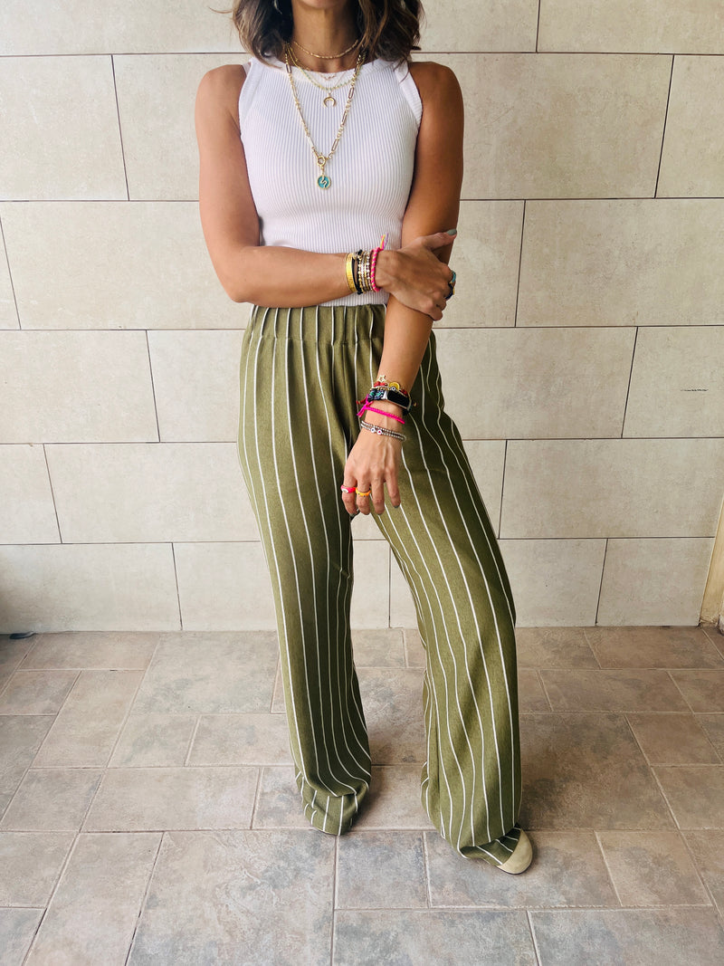 Olive Striped Loose Pants