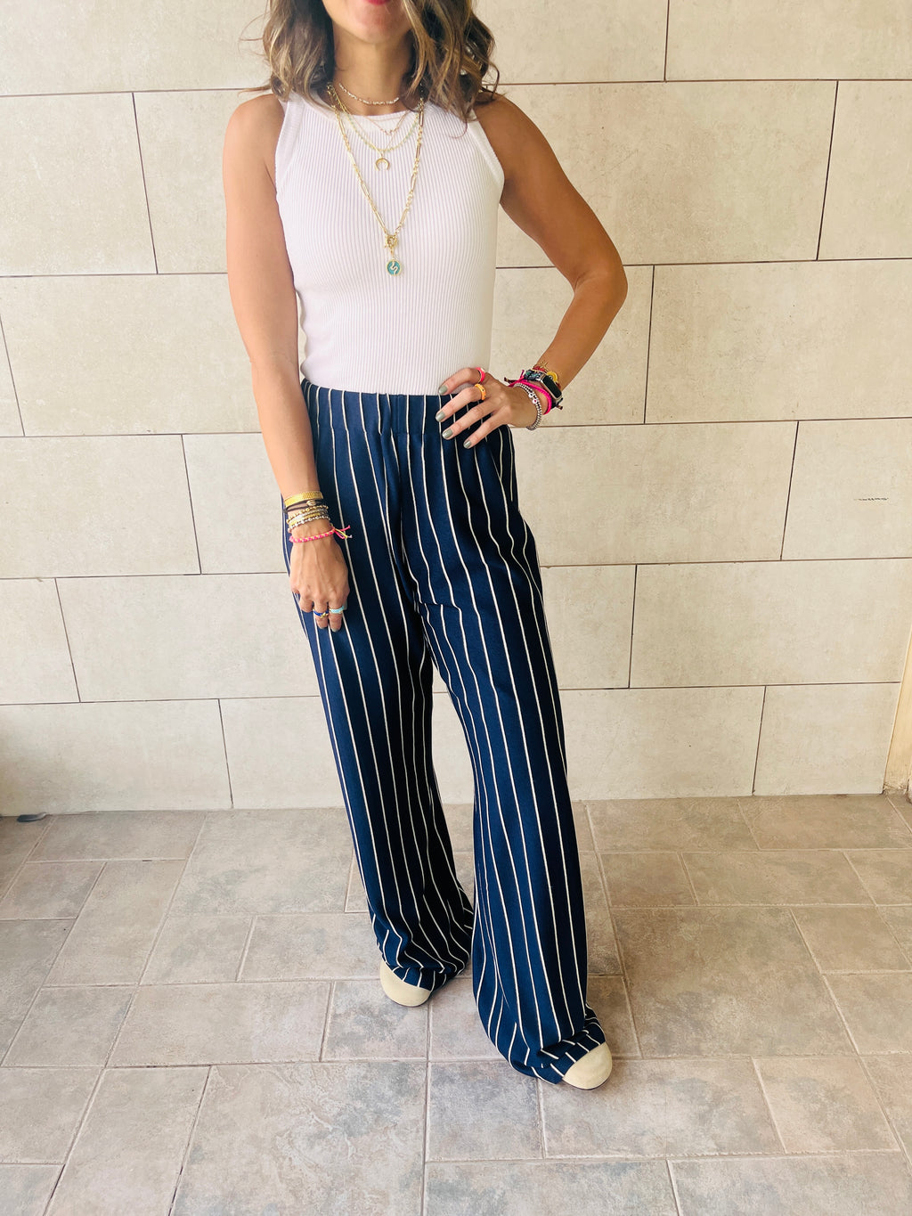 Navy Striped Loose Pants