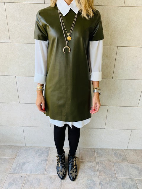 Olive Leather Smock Dress