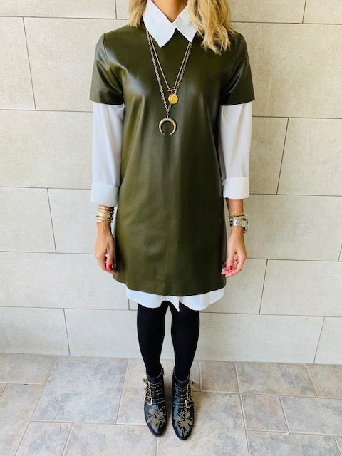 Olive Leather Smock Dress