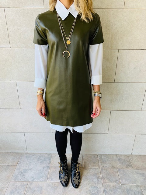 Olive Leather Smock Dress